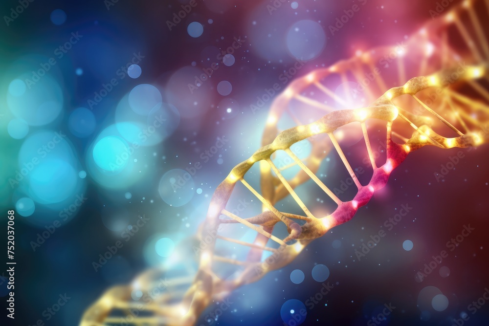 Poster digital illustration dna structure in colored background with bokeh, abstract background of cell chr