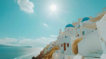 Serene greek island scenery, sunny santorini with iconic blue domes overlooking the sea. ideal for travel and tourism. AI