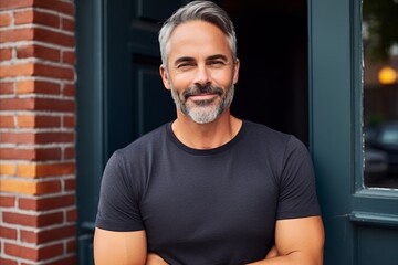 Portrait of a handsome middle-aged man in a black t-shirt