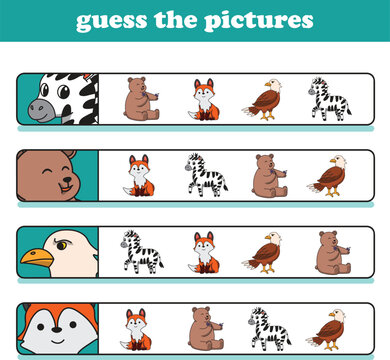 Education game for children guess the correct pictures of cute wild animal cartoon. Vector Illustration