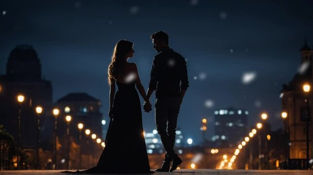Ai generates couple joining hands silhouette in a rain snowflake romantic footage luxury dark aesthetics background and an image of city town with artificial lights
