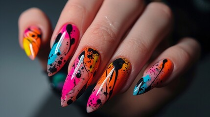 Artistic graffiti-inspired nail art with bold colors, abstract shapes, and splashes of paint.