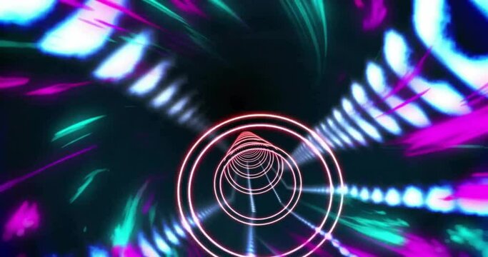 Animation of glowing trails of light and neon tunnel moving on black background