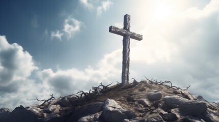 cross positioned on a hill symbolizes triumph and achievement, embodying the spirit of victory and accomplishment in its elevated stance.
