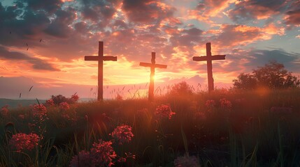 Serene sunset behind three rustic crosses - symbol of faith and hope. tranquil scene, spiritual concept. peaceful landscape with blooming flowers. AI