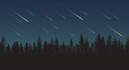starry night sky with stars. shooting star background against dark blue starry night sky. Light of falling meteorite in the galaxy. vector illustration.  © CHAIYAPHON