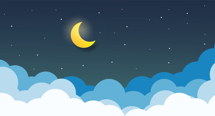 Obraz na płótnie Canvas night sky with stars and moon. paper art style.Vector of a crescent moon with stars on a cloudy night sky. Moon and stars background.Vector EPS 10. 