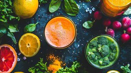 Zelfklevend Fotobehang Smoothie drinks made with mango, orange, turmeric, and lemon © Suleyman