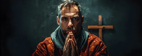 A religious man deep in prayer next to a cross symbol. Concept Faith, Prayer, Cross Symbol, Religion, Spirituality