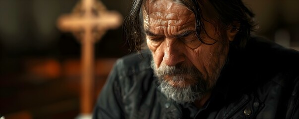 A devout man praying next to a cross symbol. Concept Religious, Faith, Prayer, Devotion, Symbolism