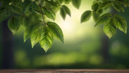 Naklejka premium 3D leaves looking out to a green bokeh light landscape