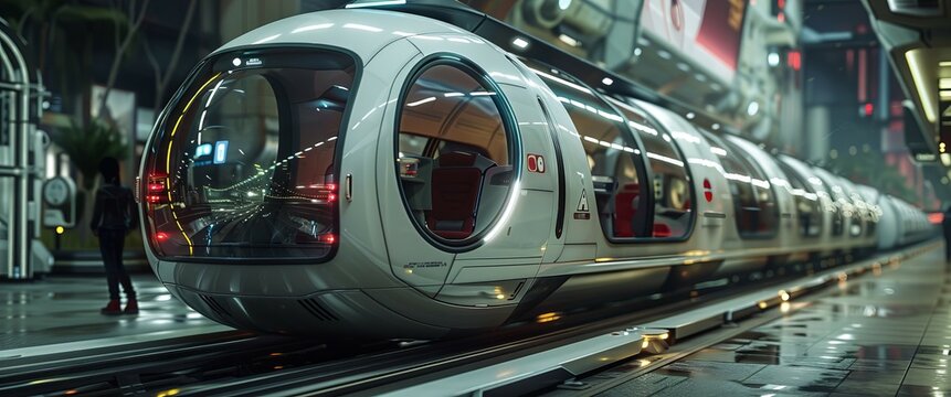 Futuristic train transportation at utopia city. Generative AI technology.