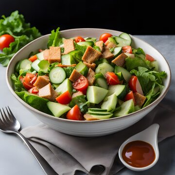  A bowl of fatuous a fresh salad with lettuce tomato cucumber