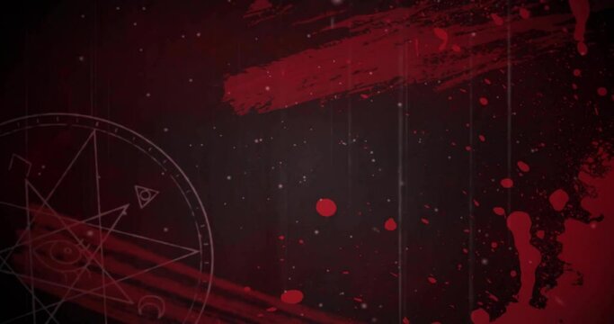 Animation of compass and spots of light moving over red paint splashes on black background