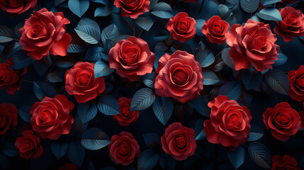 Red Roses with Blue Leaves on Dark Background