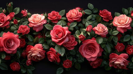 Lush Red and Pink Roses Arrangement on Black Background