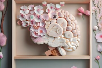 Human brain structure make with fresh flowers and leaves on wooden background, Gives fresh and vibrant good feeling