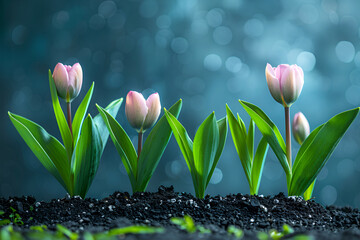 Spring card for the holiday of the vernal equinox with blooming tulips, showing awakened nature. Banner suitable for design.