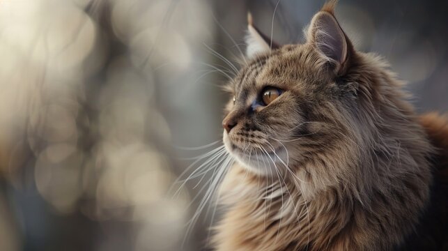 Portrait of a domestic tabby Maine Coon cat. Close-up. Outdoor photography