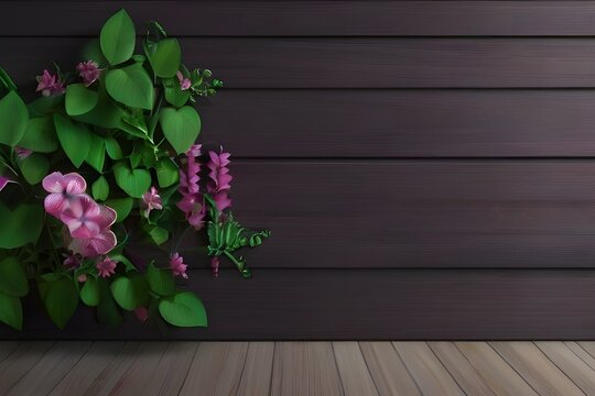 Ornamental green and flower vines hanging in side of dark wooden wall, with copy space