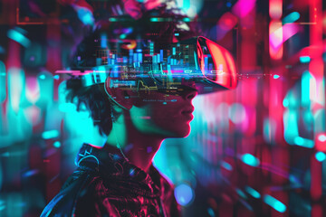An abstract background depicting a man's futuristic lifestyle in the metaverse digital cyber world, with virtual reality VR goggles and AR augmented reality game elements.