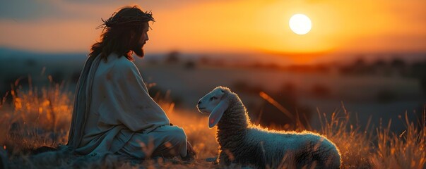 Jesus lovingly watches over a single lost lamb in the sunset. Concept Christianity, Biblical...