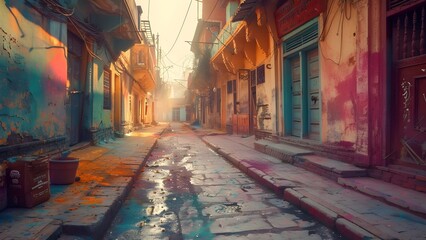 Fototapeta premium Serene Morning Street After Holi Festival with Vibrant Colors, Exuding a Post-Celebration Atmosphere