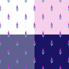 Set of vector surface design with simple pink flowers in a row on a purple, white, gray and pink background. Collection of seamless floral patterns