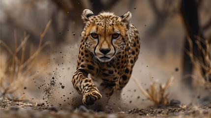 Cheetah Running at High Speed in Dusty Terrain