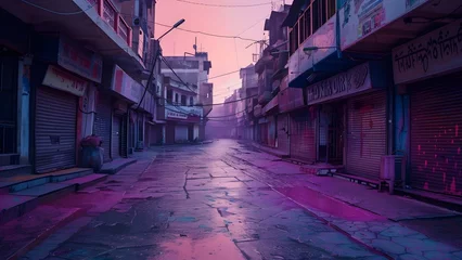 Foto op Plexiglas Serene Morning Street After Holi Festival with Vibrant Colors, Exuding a Post-Celebration Atmosphere © JB Design art