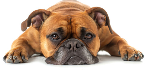 French buldog laying, head portrait, fron view isolated on white background