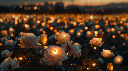 White rose flowers field blooming with light making roses glowing in the beautiful evening background