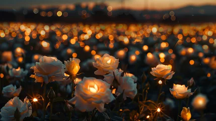 Tuinposter White rose flowers field blooming with light making roses glowing in the beautiful evening background © Keitma