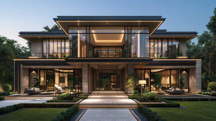 Front view of a modern asian style villa with beautiful symmetry and light in the evening - obrazy, fototapety, plakaty