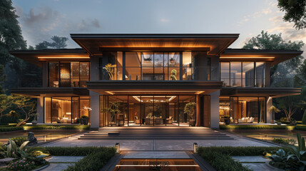 Front view of a modern asian style villa with beautiful symmetry and light in the evening