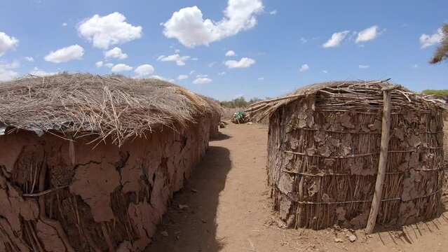 African tribe authentic dwelling, poor and simple mud and straw huts