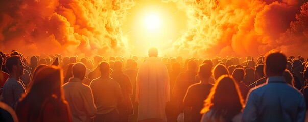 Crowd of people beneath heavenly vision Revelation of Jesus Christ. Concept Revelation of Jesus Christ, Spiritual Gathering, Divine Presence, Religious Gathering, Divine Encounter