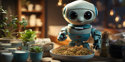a white and  blue  robot prepares food in the kitchen 