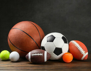 Many different sport balls on dark background