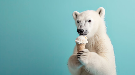 Cute polar bear with ice cream on blue background with copy space.