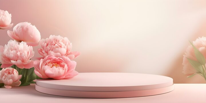 Springthemed mockup podium with pink peonies for showcasing products and branding. Concept Spring-themed, Mockup Podium, Pink Peonies, Showcasing Products, Branding