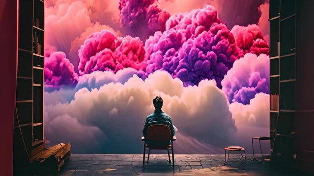 Man sitting in a chair in front of a huge cloud of smoke, an emo album cover with synthwave elements of someone staring at a tv screen of grey clouds, AI Generated