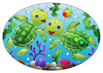 Illustration in the style of stained glass with bright cartoon turtles on the background of the sea floor, fish and water