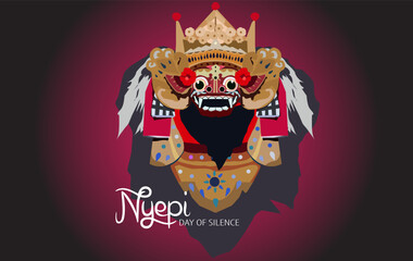 Vector symbol of performing arts traditional dance mask costume Barong Balinese mythology Hindu religion celebrating Nyepi background