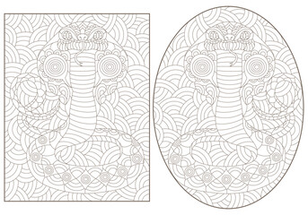 A set of contour illustrations in the style of stained glass with bright abstract snakes and cobras, dark contours on a white background