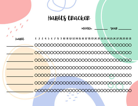 Habits tracker printable template. Monthly worksheet layout for tracking habit. Blank checklist vector with abstract background