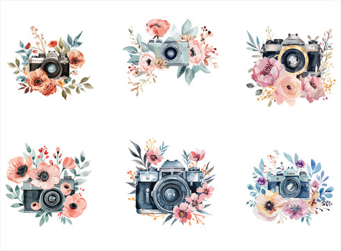 Photography watercolor floral camera logo.