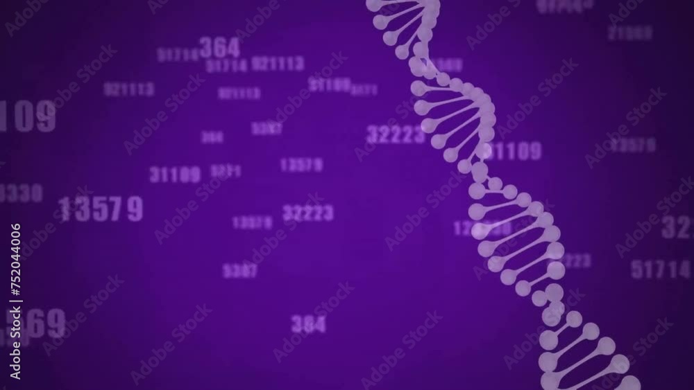 Poster animation of digital data processing and dna strand over purple background