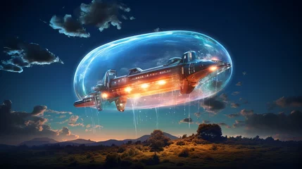 Gordijnen Image of a glowing orb UFO capturing an airplane in a dimensional bubble in the sky. © Yusif