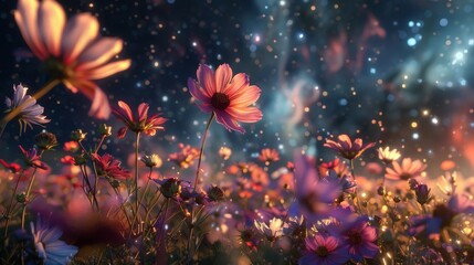 Obraz na płótnie Canvas field of flowers on outer space background, Beautiful dreamy night landscape with field of flowers